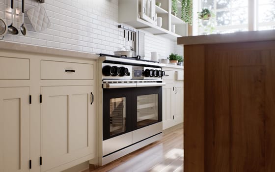 Large stove with oven and grill on it. Stylish, cozy kitchen with appliances and plants, utensils and sun rays. 3d rendering