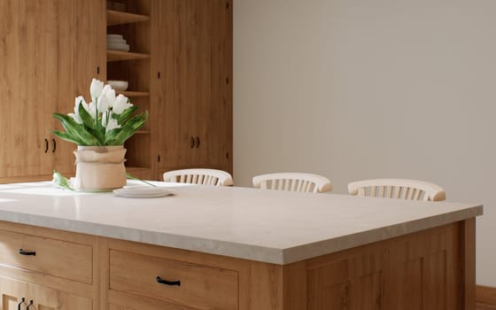 Close-up of a marble countertop of an island kitchen against a blurred background of a kitchen with appliances and utensils by a window with a green plant. 3d rendering