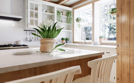 Close-up of a marble countertop of an island kitchen against a blurred background of a kitchen with appliances and utensils by a window with a green plant. 3d rendering