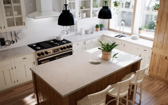 The interior of a large U-shaped kitchen with a wooden front and a large island. Stylish, cozy kitchen with appliances and plants with sun rays. View from the ceiling to the kitchen. 3d rendering