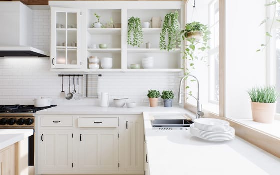 Washing by the window. Kitchen with greens, plates and white cabinets. Cozy bright kitchen. Stylish, cozy kitchen with appliances and plants with sun rays. 3d rendering