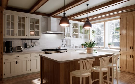 The interior of a large U-shaped kitchen with a wooden front and a large island. Stylish, cozy kitchen with appliances and plants with sun rays. 3d rendering