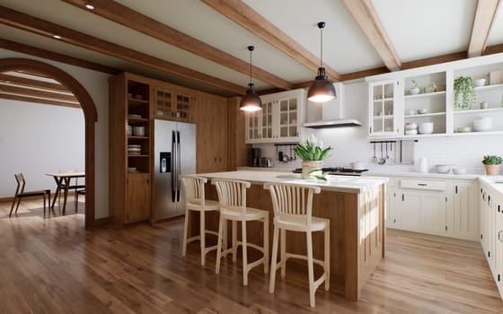 The interior of a large U-shaped kitchen with a wooden front and a large island. Stylish, cozy kitchen with appliances and plants with sun rays. Arch in the kitchen. 3d rendering