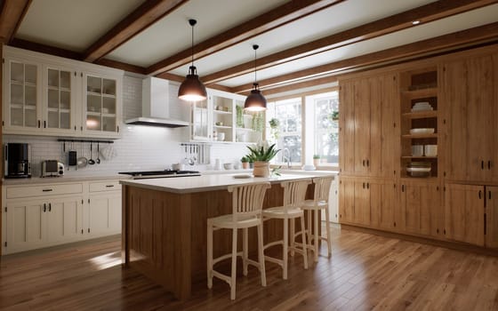 The interior of a large U-shaped kitchen with a wooden front and a large island. Stylish, cozy kitchen with appliances and plants with sun rays. 3d rendering