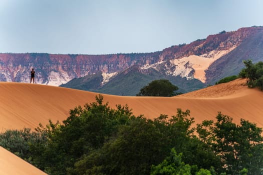 A blurry figure stands on a sand dune with mountains and blue sky in the background. This rural scene with selvatic vegetation offers extreme terrain for adventure seekers.