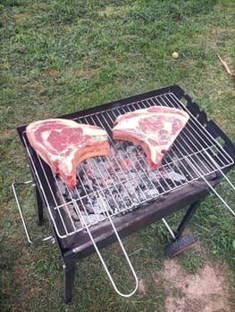 Raw beef steak falls on grill with burning fire and coal