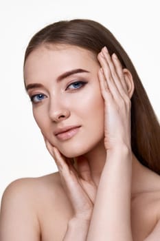 close-up, beautiful woman touching face and enjoy perfect clean skin isolated on white background