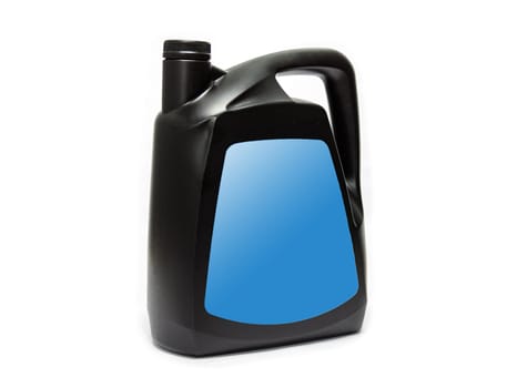Plastic canister with compressor oil on a white background. High quality photo