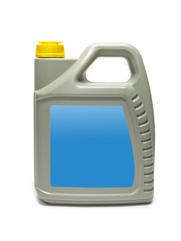 Plastic canister with compressor oil on a white background. High quality photo