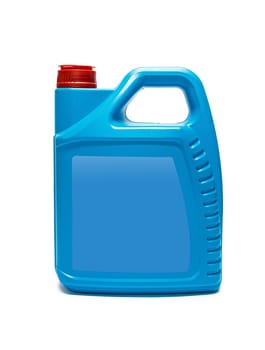 Plastic canister with compressor oil on a white background. High quality photo