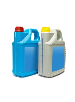 Plastic canister with compressor oil on a white background. High quality photo