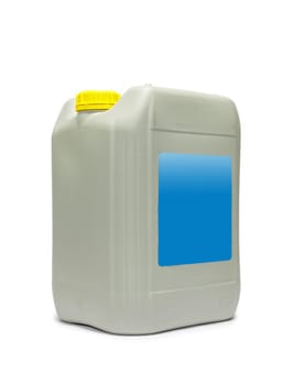 Plastic canister with compressor oil on a white background. High quality photo