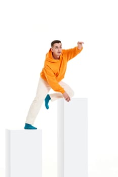 young man rising up the career ladder. Business processes concepts. guy following up on white diagram
