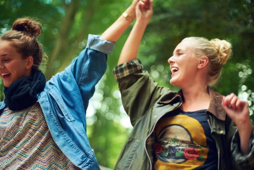 Let the festivities begin. Portrait of two young women having a good time at an outdoor festival