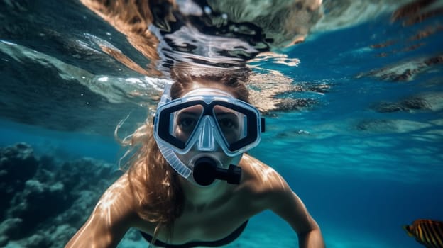 Happy young woman swimming underwater in tropical sea. Snorkeling with mask in ocean. Ai Generative.