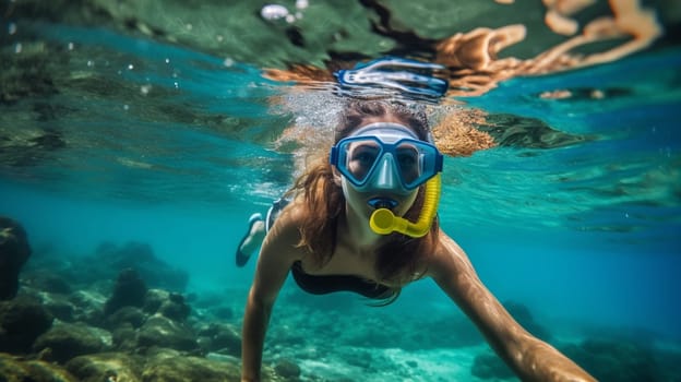 Happy young woman swimming underwater in tropical sea. Snorkeling with mask in ocean. Ai Generative.