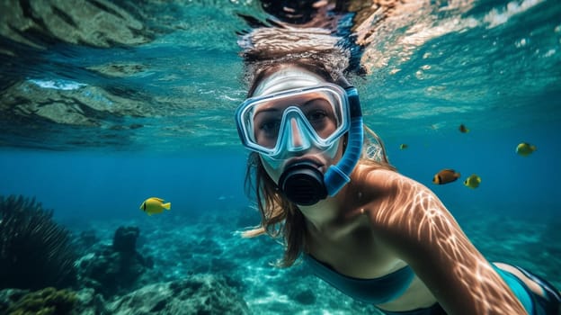 Happy young woman swimming underwater in tropical sea. Snorkeling with mask in ocean. Ai Generative.