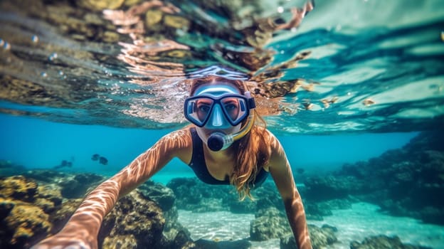 Happy young woman swimming underwater in tropical sea. Snorkeling with mask in ocean. Ai Generative.