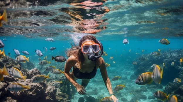 Happy young woman swimming underwater in tropical sea. Snorkeling with mask in ocean. Ai Generative.