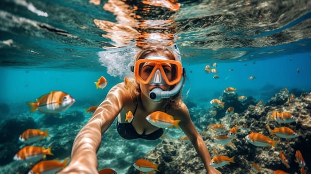 Happy young woman swimming underwater in tropical sea. Snorkeling with mask in ocean. Ai Generative.