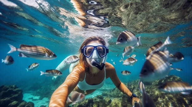 Happy young woman swimming underwater in tropical sea. Snorkeling with mask in ocean. Ai Generative.