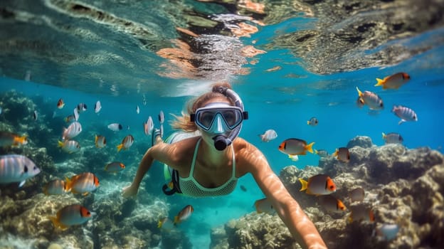 Happy young woman swimming underwater in tropical sea. Snorkeling with mask in ocean. Ai Generative.