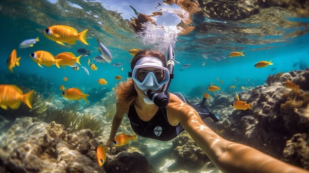 Happy young woman swimming underwater in tropical sea. Snorkeling with mask in ocean. Ai Generative.