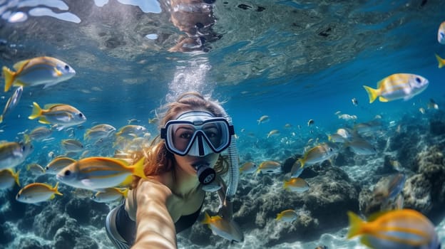 Happy young woman swimming underwater in tropical sea. Snorkeling with mask in ocean. Ai Generative.