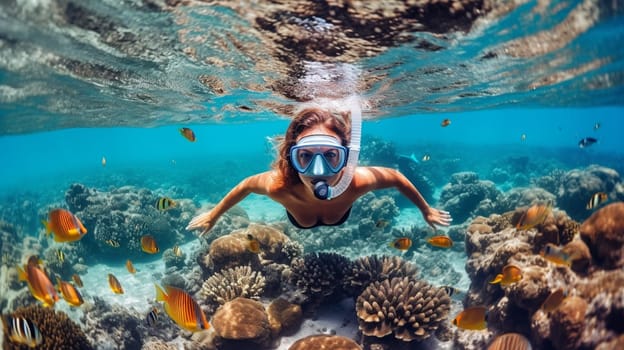 Happy young woman swimming underwater in tropical sea. Snorkeling with mask in ocean. Ai Generative.