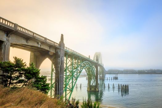 Large old bridge over Yaquina Bay at Newport, Oregon on the central Oregon coast, along Hwy 101.