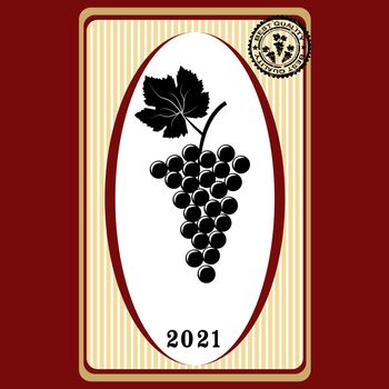 Label for wine with bunch of grapes and rubber stamp