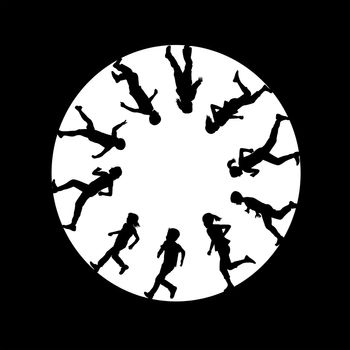 Circular frame with silhouettes of children running