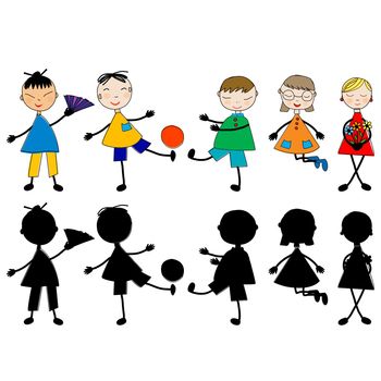 Set of doodle hand drawn cartoon kids and silhouettes