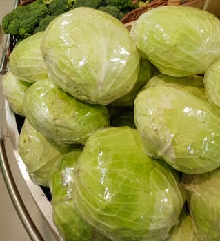 A large pile of fresh white cabbage on the counter in a vegetable supermarket or at the market.