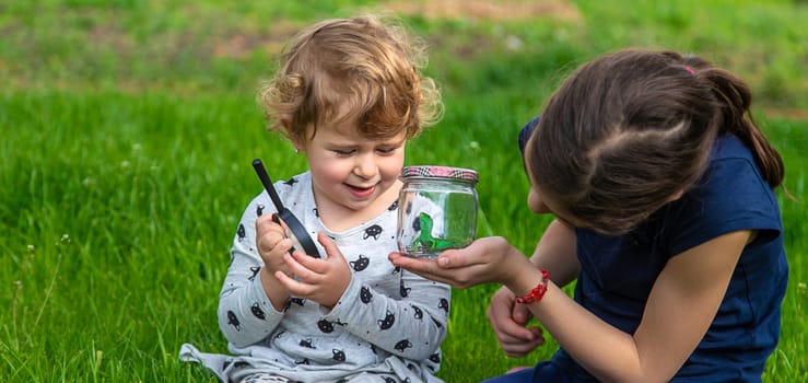 Child in nature with a lizard. Selective focus. Kid.