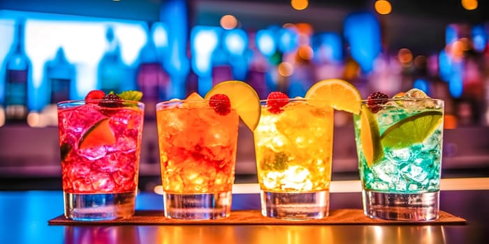 colorful mixed drinks decorated with fruit on the bar counter, glasses full of ice, bar lights .made with Generative AI.