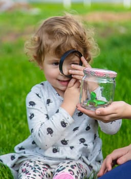 Child in nature with a lizard. Selective focus. Kid.