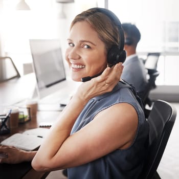 Customer service portrait, consultant or woman telemarketing sales on contact us CRM or telecom microphone. Call center ERP, online ecommerce administration or happy information technology consulting.