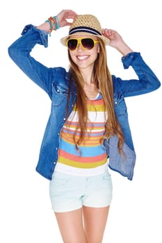 Time to have some summer fun. Studio shot of a young woman dressed for summer isolated on white