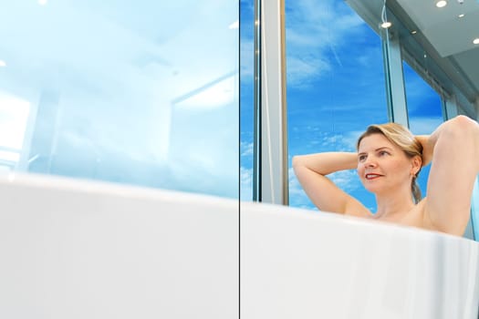 bathroom window coated with switchable window film. Concept on - off . Smart Film Glass. Self Adhesive Switchable Smart Film on window in bathroom