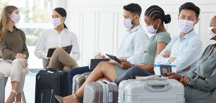 Face mask, covid or business people in airport terminal travel in safety healthcare law. Vacation, luggage or tourist in covid 19 safety in immigration, medical security or international traveling.