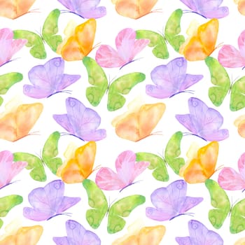 Bright seamless pattern of butterflies. Purple. green and pink print for wallpaper, clothes. Watercolor butterfly on white