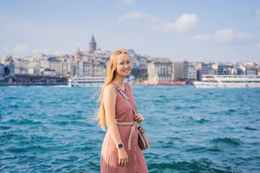 Portrait of beautiful woman tourist with view of Galata tower in Beyoglu, Istanbul, Turkey. Turkiye.