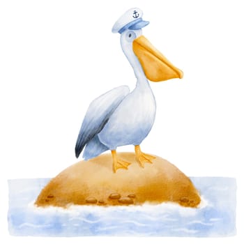 Pelican bird standing on island in sea. Watercolor illustration isolated on white. Funny pelican character with nautical captain hat.