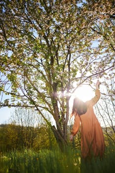 vertical photo of a silhouette of a woman illuminated by sunlight, walking in nature in a long orange dress. High quality photo