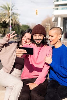 three funny friends taking a selfie photo in the city, concept of friendship and urban lifestyle, copy space for text