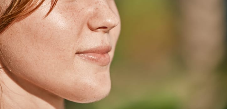 Mouth, closeup and woman on mockup outdoors on blurred background for advertising and space. Half, face and girl relax on copy space, content and peaceful, natural and calm with product placement.