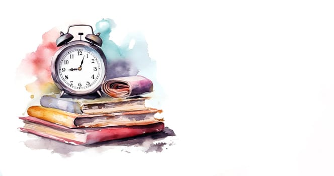 Ready for school concept background with books, alarm clock and accessory. Watercolor illustration isolation on white. banner, copy paste white space. Generative AI content,