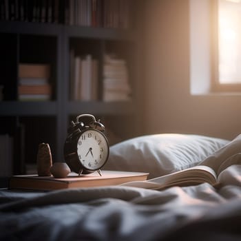 Morning time, dawn. The alarm clock on the books stands near the bed at home. The concept of getting up early, school time, students preparing for exams. Generative AI content,