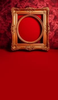 Banner, golden round vintage frame in borocco style, with empty space inside on red velvet background. copy paste space.